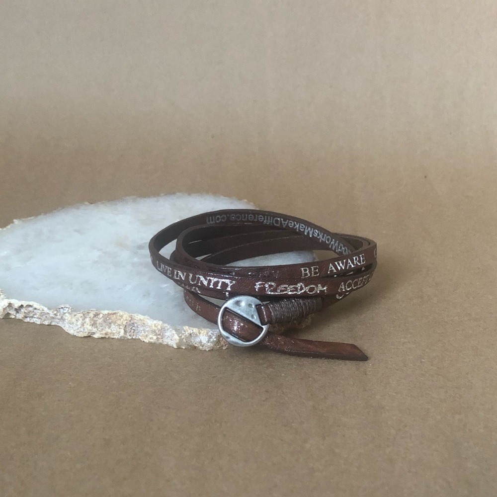 Brown Leather wrap bracelet with silver affirmations